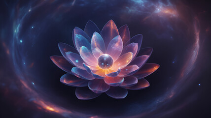 A cosmic lotus flower glows with ethereal light against a nebula backdrop