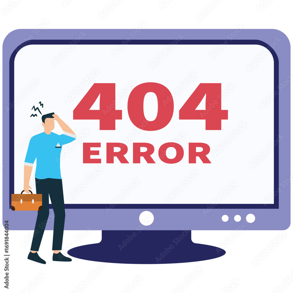 Fototapete a man is standing in front of a computer screen with a 404 error message, looking confused and holdi