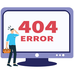 A man is standing in front of a computer screen with a 404 error message, looking confused and holding a toolbox isolated on white background