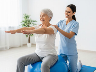 Fototapeta premium Physiotherapist supports patient maintaining body posture during stretching exercise.