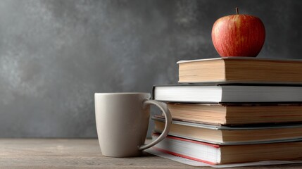 Back to school concept with stack of textbooks, red apple on mug, and chalkboard background in classroom setting for education and study theme