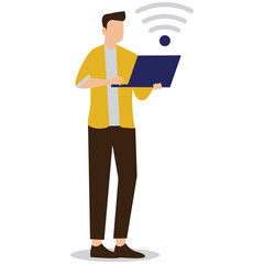 A man is using a laptop with a wifi symbol, representing wireless internet connection and online access isolated on white background
