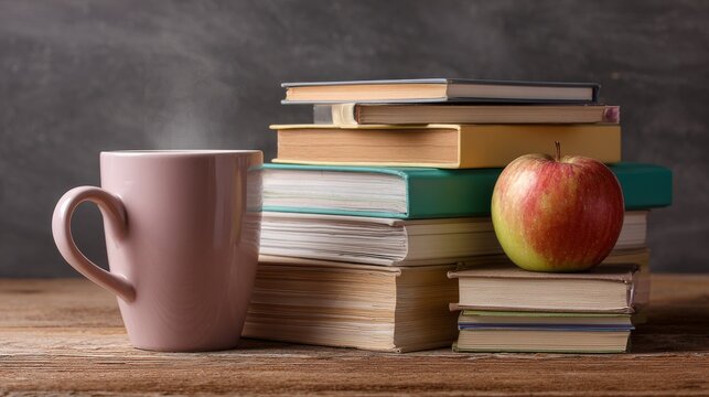 Back to school concept with stack of textbooks, red apple on mug, and chalkboard background in classroom setting for education and study theme - Powered by Adobe