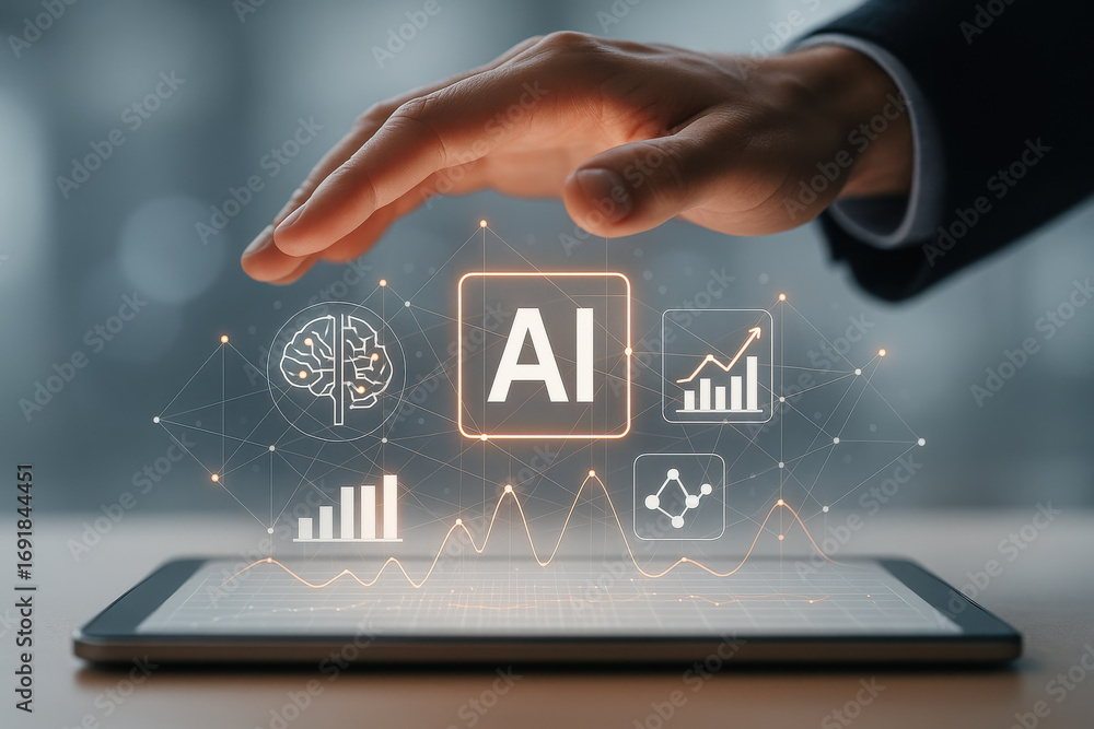 Aufkleber artificial intelligence concept with digital icons and hand protecting data on tablet