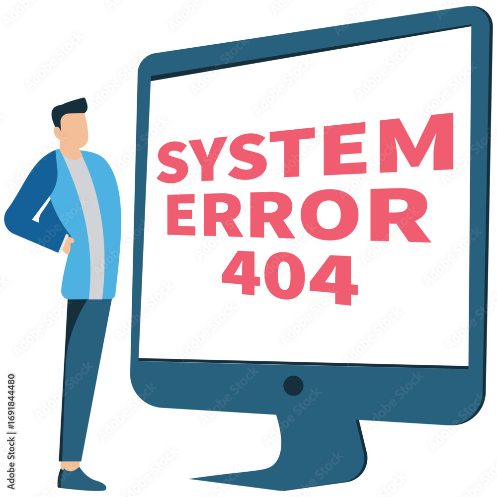 Fototapete a frustrated man stands beside a computer screen displaying a system error 404 message, symbolizing 