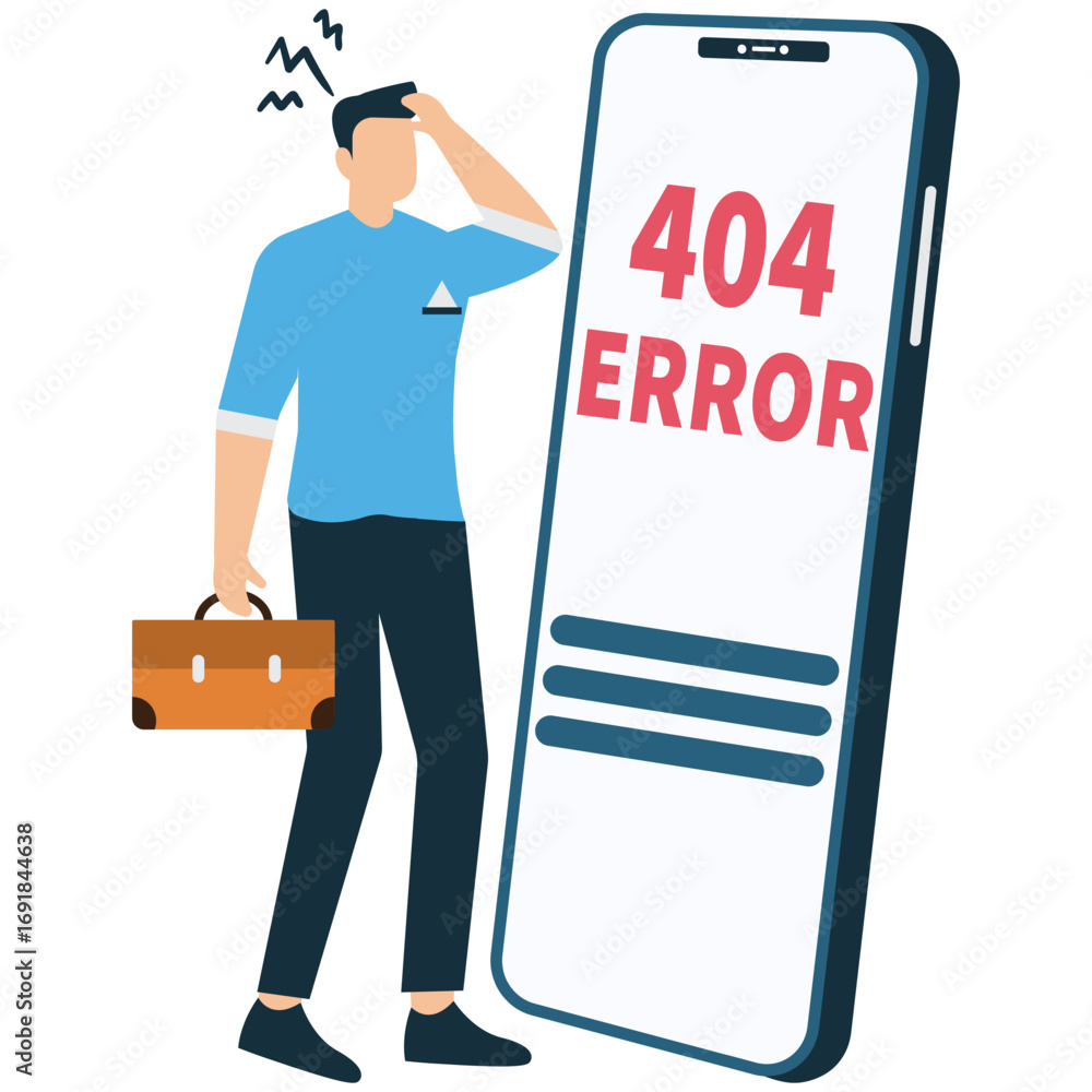 Poster a man is standing next to a phone with the word 404 error on the screen isolated on white background