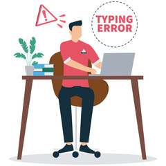 A man is working on a laptop and making a typing error, isolated on white background the concept of mistakes and errors in the workplace or study