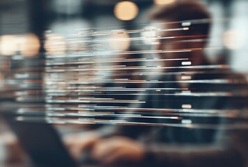 Blurred view of person using device, abstract data streams