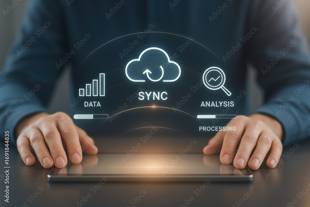 Poster data sync analysis processing cloud technology concept