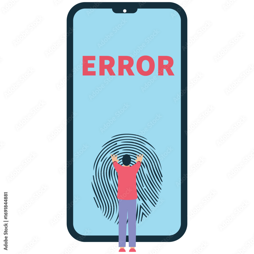 Fototapete a person is standing in front of a phone with the word error on the screen and a fingerprint in the 