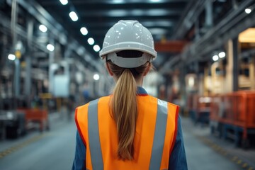 Female factory worker walking in a factory