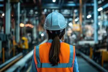 Female factory worker walking in a factory