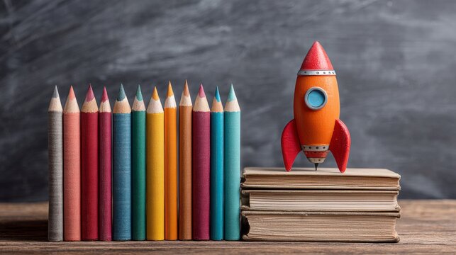 Back to school concept with stack of books, colorful pencils, crayons, and open notebook on wooden desk in front of green chalkboard with rocket drawing, education and learning classroom background