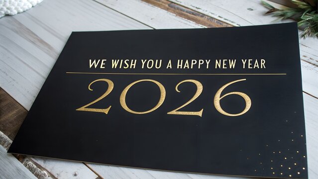 Elegant black card with gold lettering wishing happy new year 2026