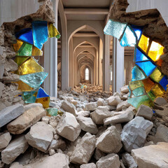 Ruins of bombed out church with colorful stained glass shards amidst rubble, evoking sense of loss and beauty in destruction