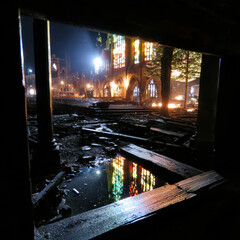 Haunting view of bombed out church interior, showcasing shattered stained glass and reflections in puddles, evoking sense of loss and beauty