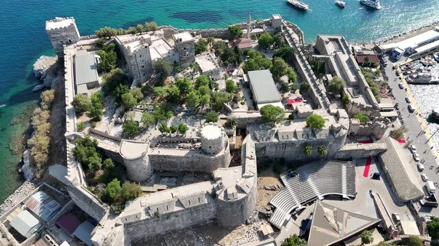 Aerial view of Bodrum castle, by the coast of Aegean Sea, Bodrum, Turkey