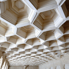 Intricate Islamic architecture showcases stunning ceiling pattern with hexagonal shapes, creating mesmerizing visual effect