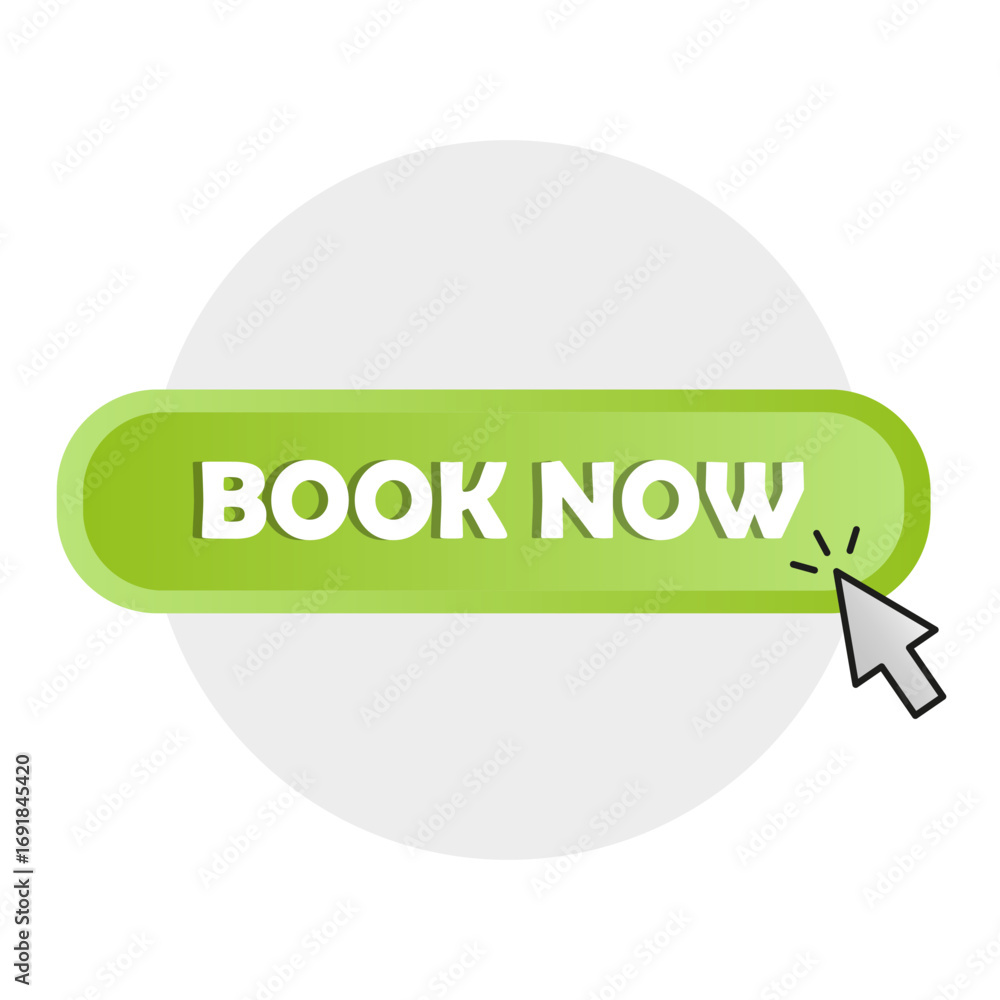 Aufkleber book now button. reservation click arrow. green call to action. vector web element. eps 10.