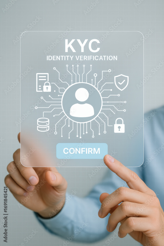 Poster kyc identity verification concept with digital security and confirm button on transparent screen
