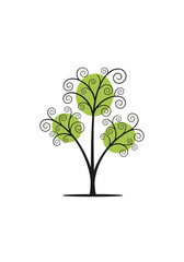 Fototapeta premium Stylized decorative tree with green foliage and intricate swirling branches on a white background symbolizing nature growth and organic design