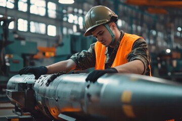 Factory worker making a bomb missile