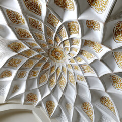 Stunning Islamic architecture showcases symmetrical ceiling design with intricate patterns and vibrant colors, evoking sense of awe and beauty