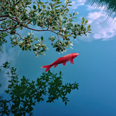 Vibrant red koi fish swims gracefully in serene blue pond, surrounded by lush green leaves reflecting on water surface