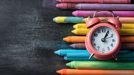 Back to school background with blackboard, colorful chalks, doodle style education elements, alarm clock and classroom supplies for learning and academic design