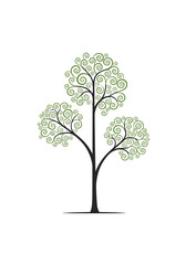 Elegant stylized tree with swirling green leaves and dark silhouette trunk on white background minimalist organic design element