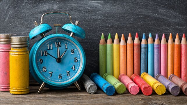 Back to school background with blackboard, colorful chalks, doodle style education elements, alarm clock and classroom supplies for learning and academic design