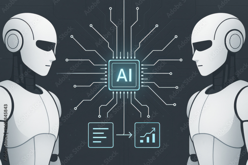Poster artificial intelligence concept with two robots and digital circuit board connection