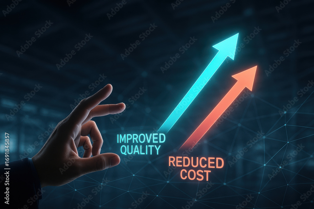 Poster improved quality and reduced cost concept with hand pointing at rising arrows in dark background