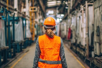 Female factory worker walking in a factory