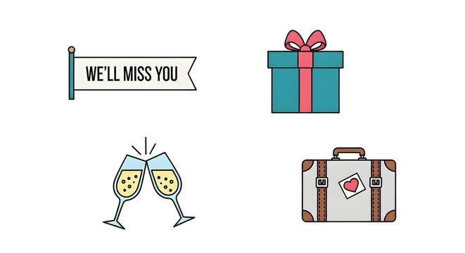 Colorful Farewell Icon Set with Suitcase Gift and Champagne on White Background