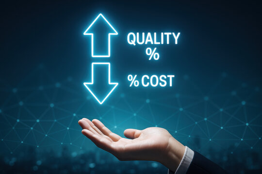 Business hand with glowing arrows showing quality increase and cost decrease concept