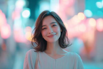 Fototapeta premium 20代女性 夜の繁華街 ポートレート カメラ目線