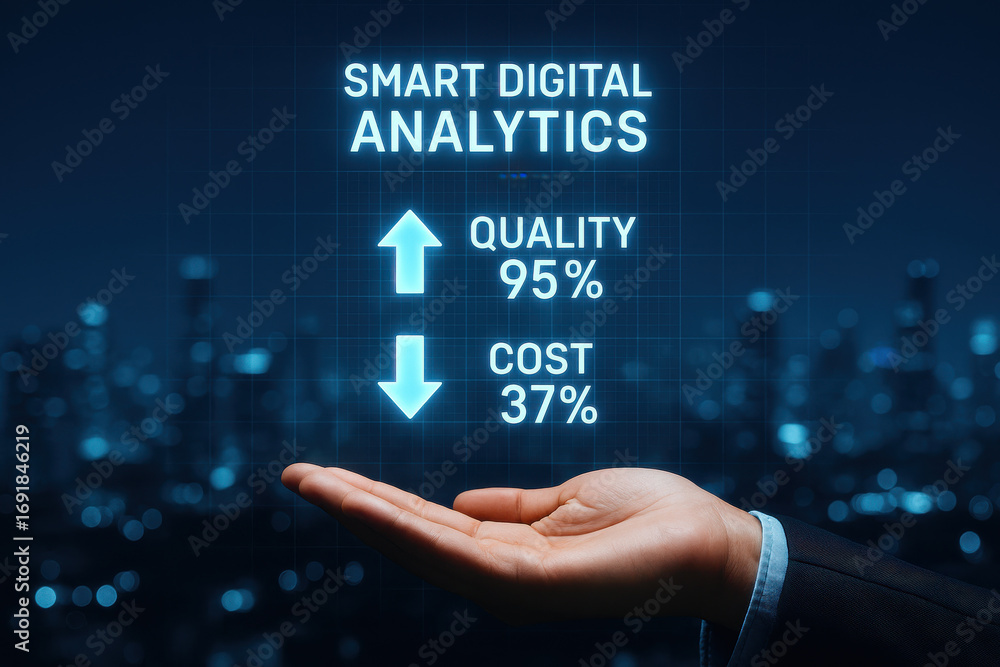 Poster smart digital analytics concept showing quality increase and cost decrease with hand