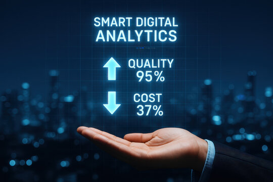 Smart digital analytics concept showing quality increase and cost decrease with hand