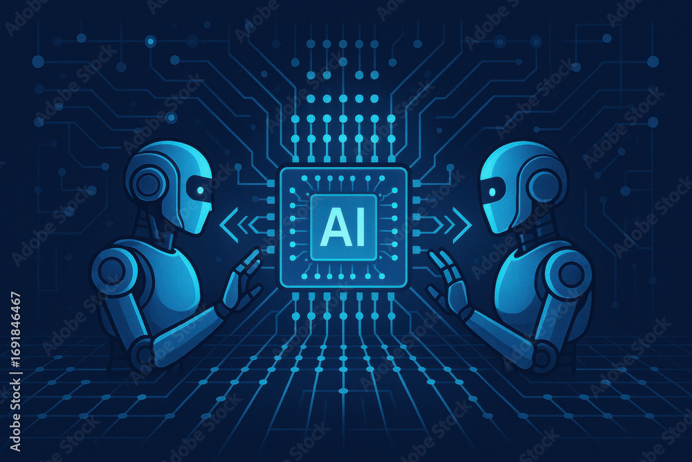 Poster two futuristic robots interacting with artificial intelligence chip in digital network