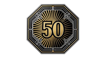 Elegant Art Deco Number 50 Emblem in Gold and Black Isolated on White
