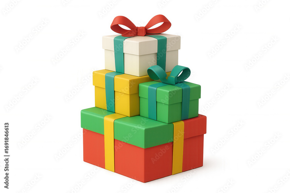 Poster 3d rendering of a stack of colorful gift boxes with ribbons, isolated on a transparent background, p