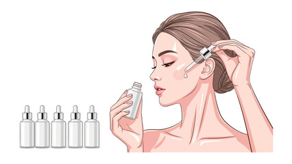 Beautiful young woman applying serum to her face with a dropper showcasing skincare routine and beauty products with multiple bottles in the background