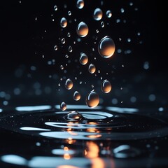 Close-up of water droplets falling and creating ripples, illuminated by soft orange and blue light on a reflective dark surface.