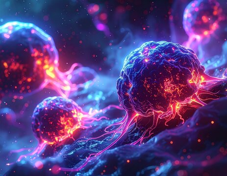 Vibrant bioluminescent alien cells or advanced microorganisms pulsate with electric energy and ethereal light, illuminating a dark, futuristic microscopic landscape or deep-space environment