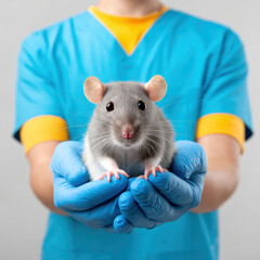 Lab assistant gently holds gray rat in gloved hands, showcasing care and attention in clinical setting
