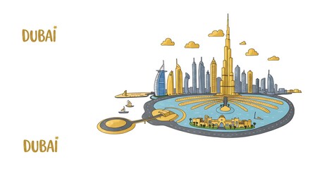 Naklejka premium City Skyline Illustration with Buildings and Water Features