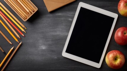 Back to school classroom background with digital tablet, colorful pencils in holder, fresh red apple, and clean green chalkboard for modern education and learning concept