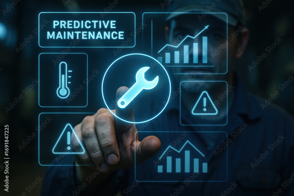 Poster predictive maintenance concept with wrench icon and data charts on virtual screen
