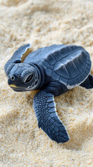 Leatherback sea turtle hatchling crawls on sandy beach, showcasing its unique texture and color. This moment captures determination of new life
